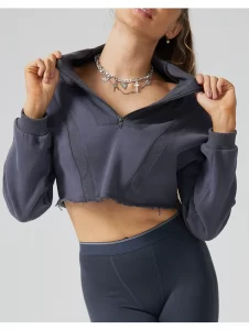 Women's cropped half-zip pullover with raw hem