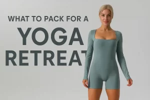 What to Pack for a Yoga Retreat’, showing a woman in sage green yoga activewear standing confidently with clear bold title text on a light background.