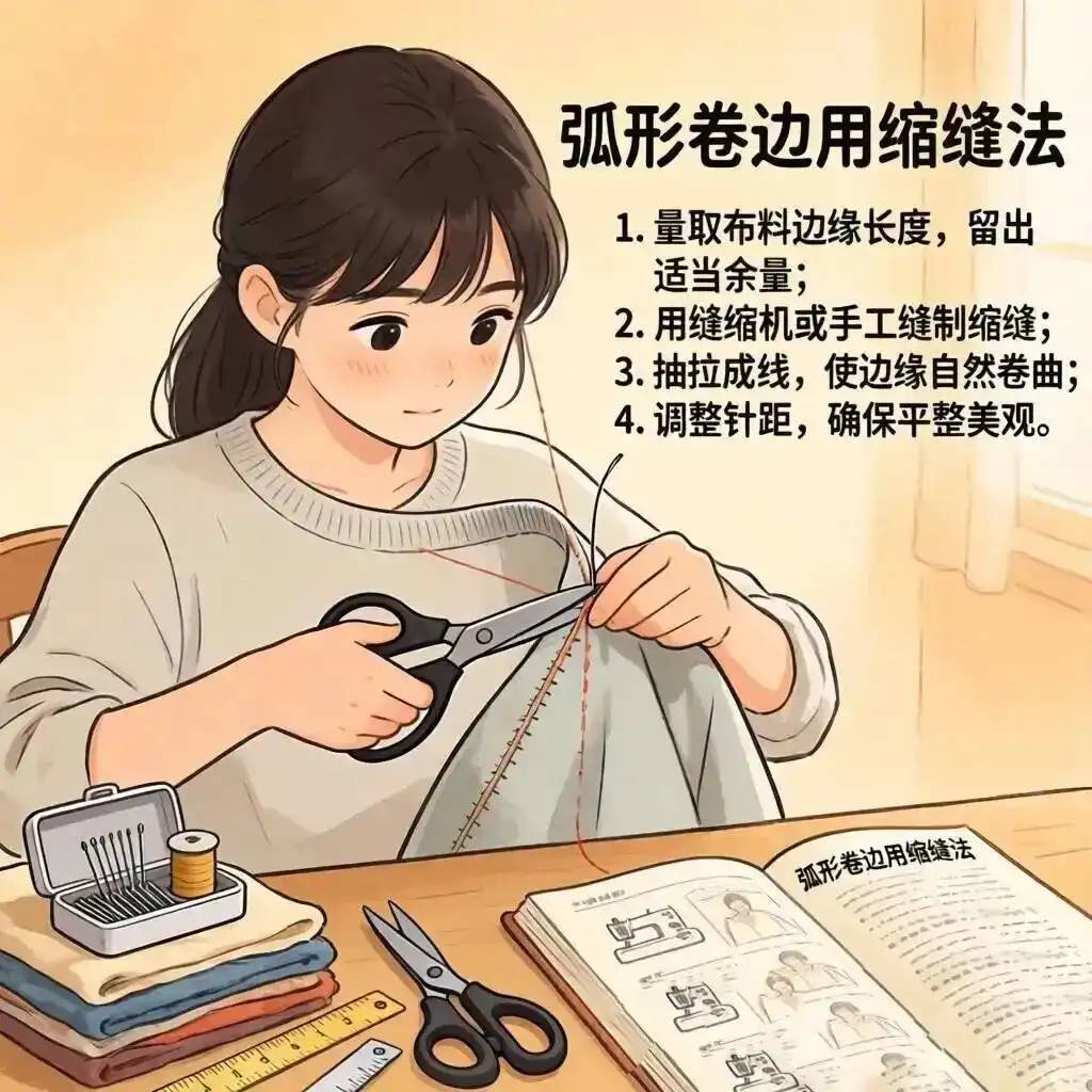 Sewing tutorial for beginners demonstrating ease stitching technique on curved hems to prevent wrinkles and create smooth neckline finishes