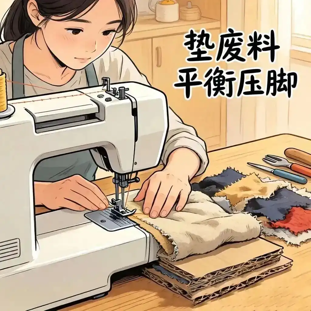 Practical sewing technique using scrap fabric to level the presser foot when sewing thick materials like denim, fleece, and layered waistbands