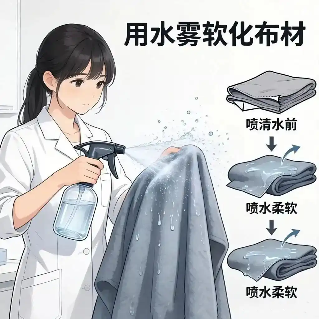 Fabric preparation sewing tip using water mist spray to soften cotton and linen for cleaner folded hems and professional garment finishing