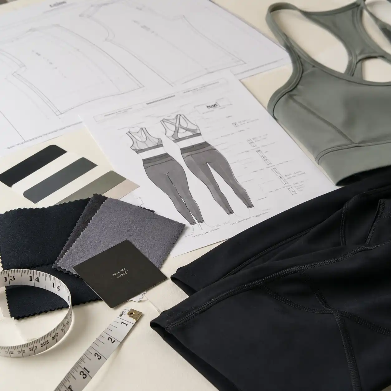 Custom activewear pattern development with technical drawings, fabric swatches, and sample garments