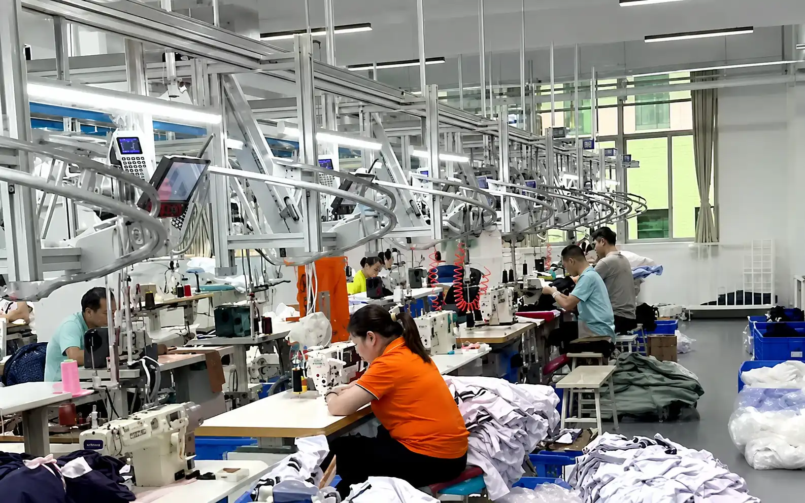 Custom activewear production line at a manufacturing facility in China