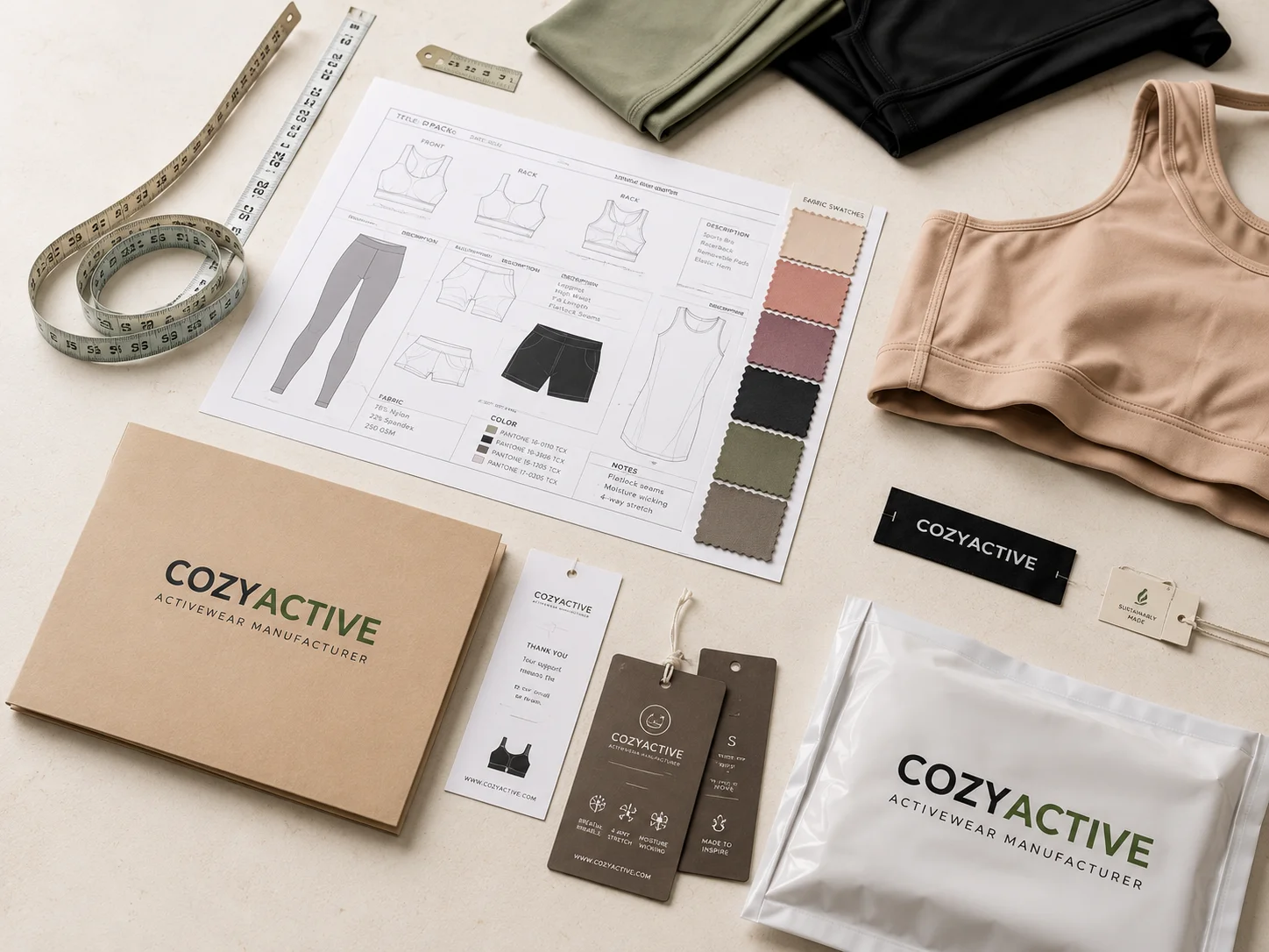 Activewear tech pack, fabric swatches, measuring tape, garment samples and custom packaging