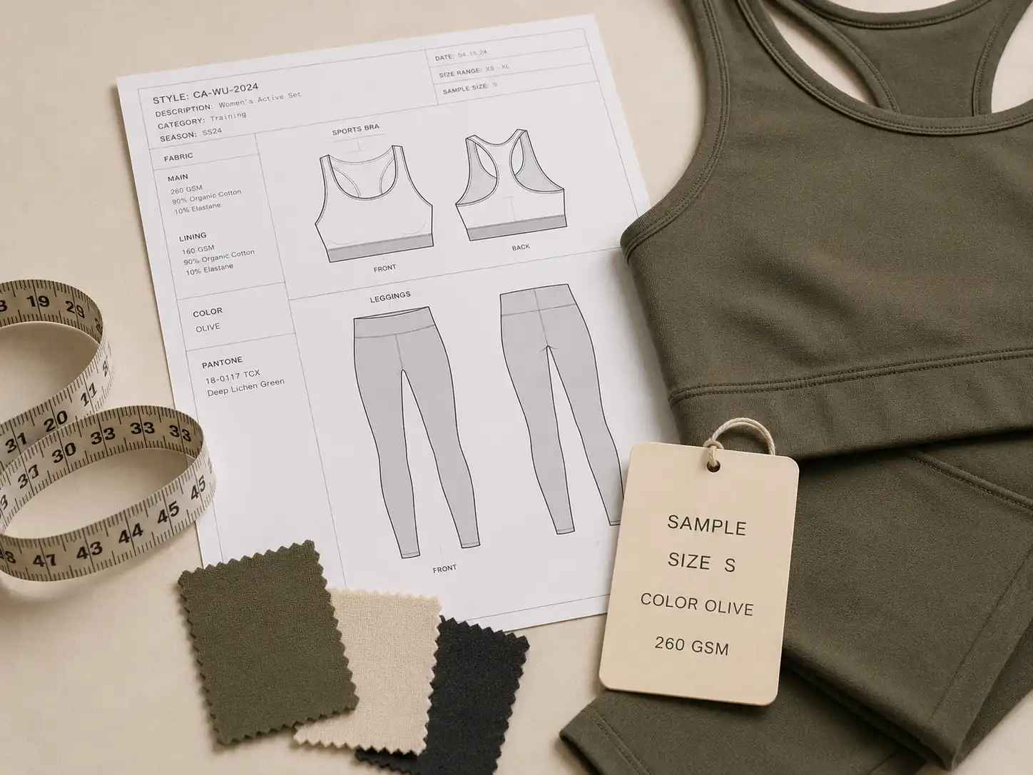 Custom activewear sampling tech pack fabric swatches and size development