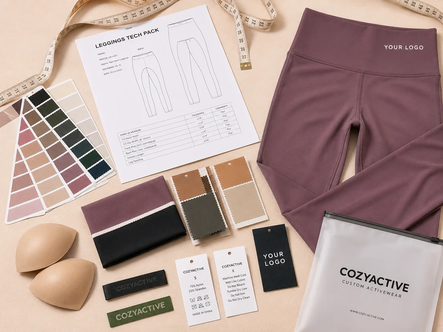 Custom leggings development workspace with tech pack, fabric swatches, waistband samples, labels and private label packaging