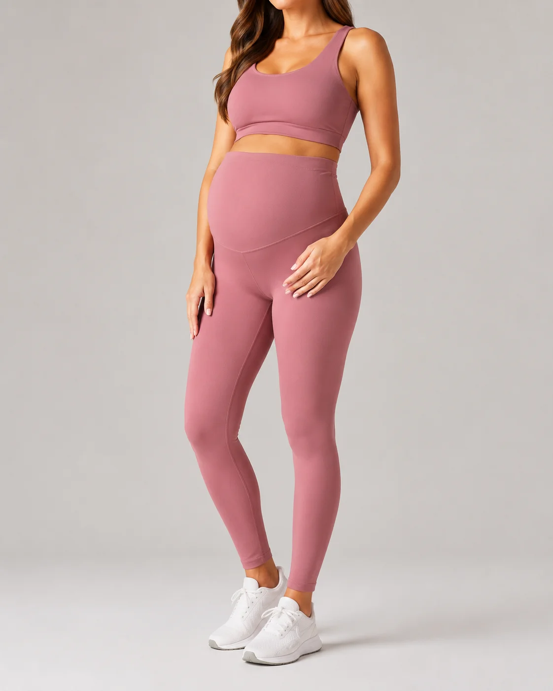 Custom maternity leggings with extended over-bump waistband