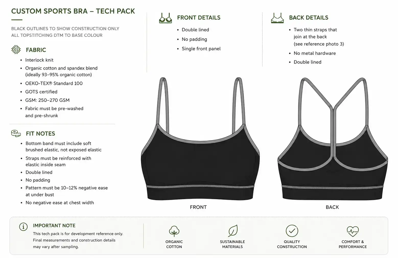 Custom sports bra tech pack showing fabric, fit, front, back, and construction requirements
