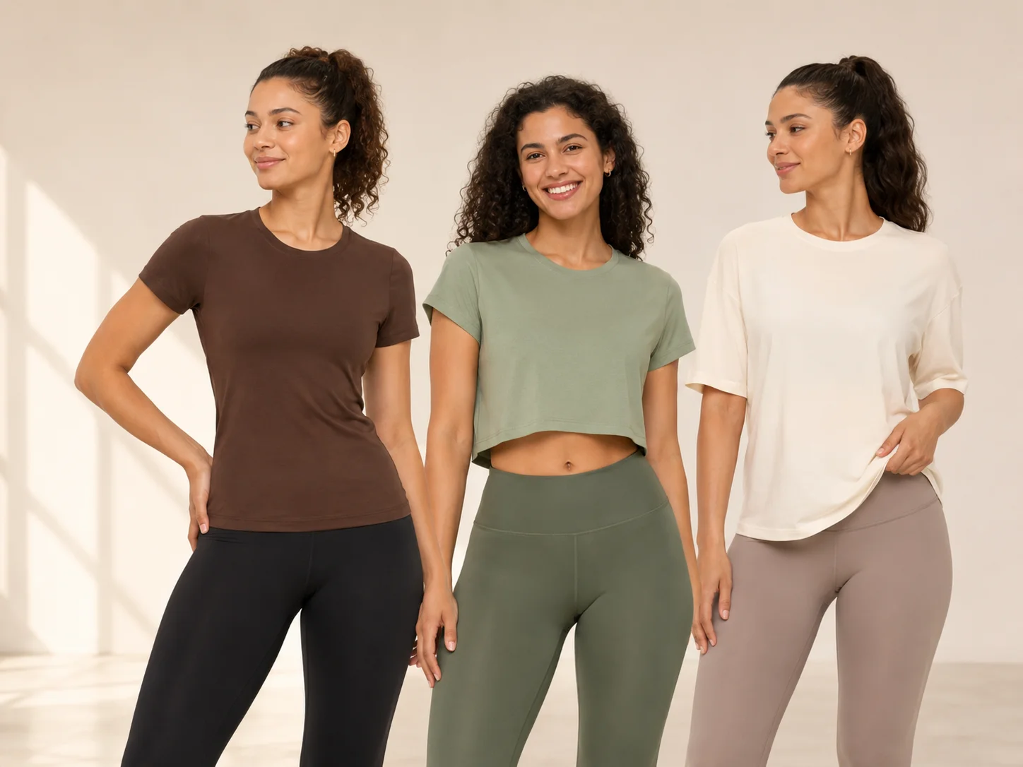 Three women wearing custom sports T-shirts in brown, sage green and cream