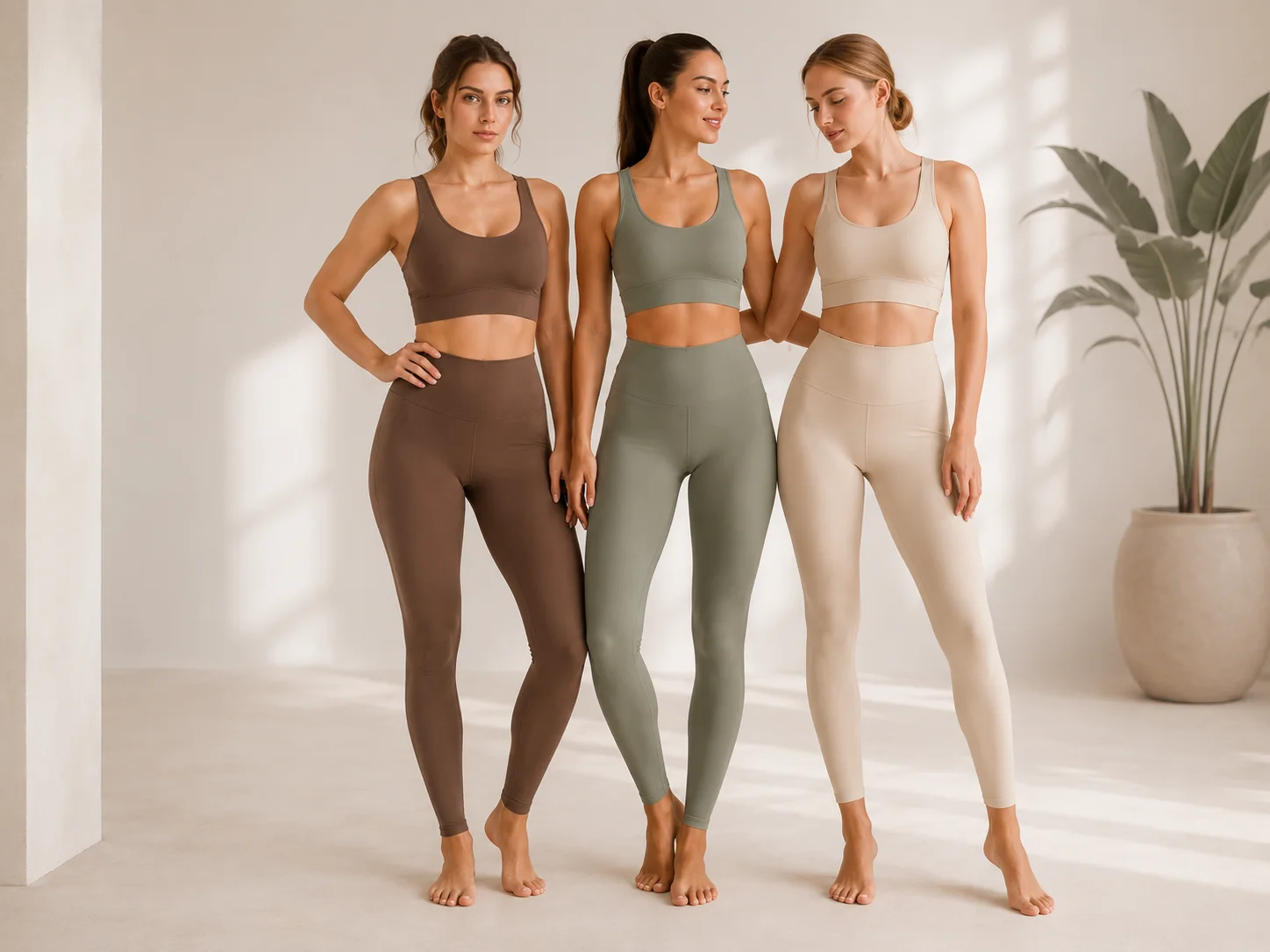 Three women wearing coordinated custom yoga sets for private label activewear brands