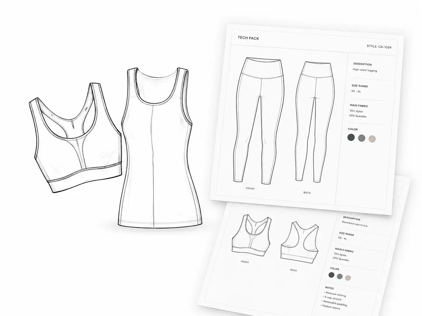 Custom activewear technical drawings, tech pack, sports bra, and leggings