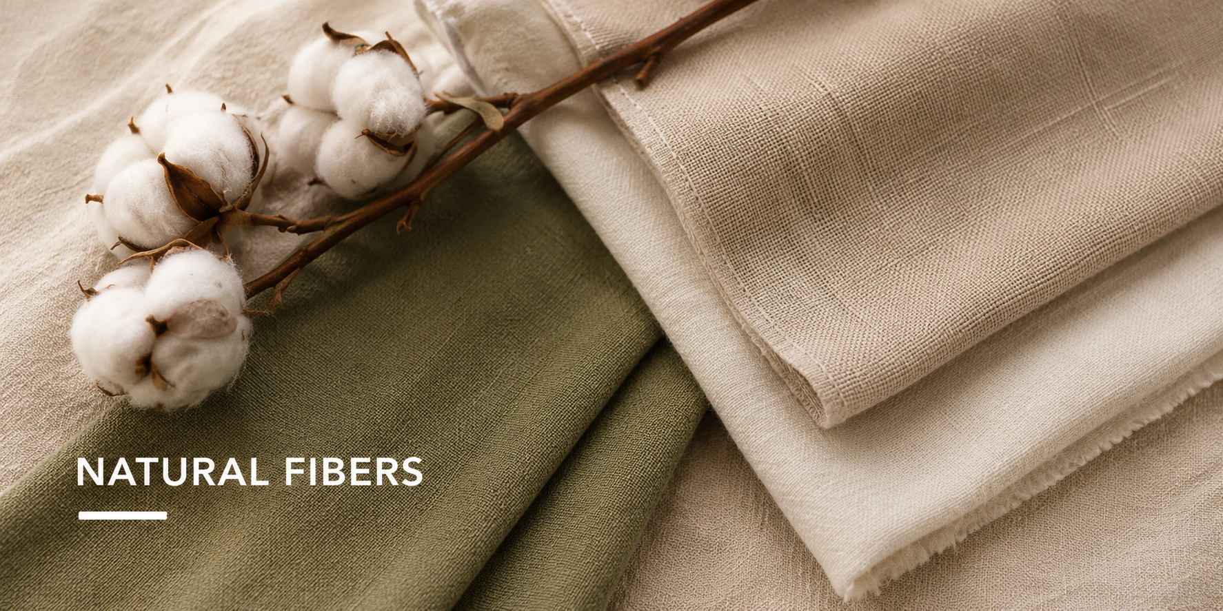 Cotton stems and folded olive and neutral fabrics representing natural-fiber activewear material options