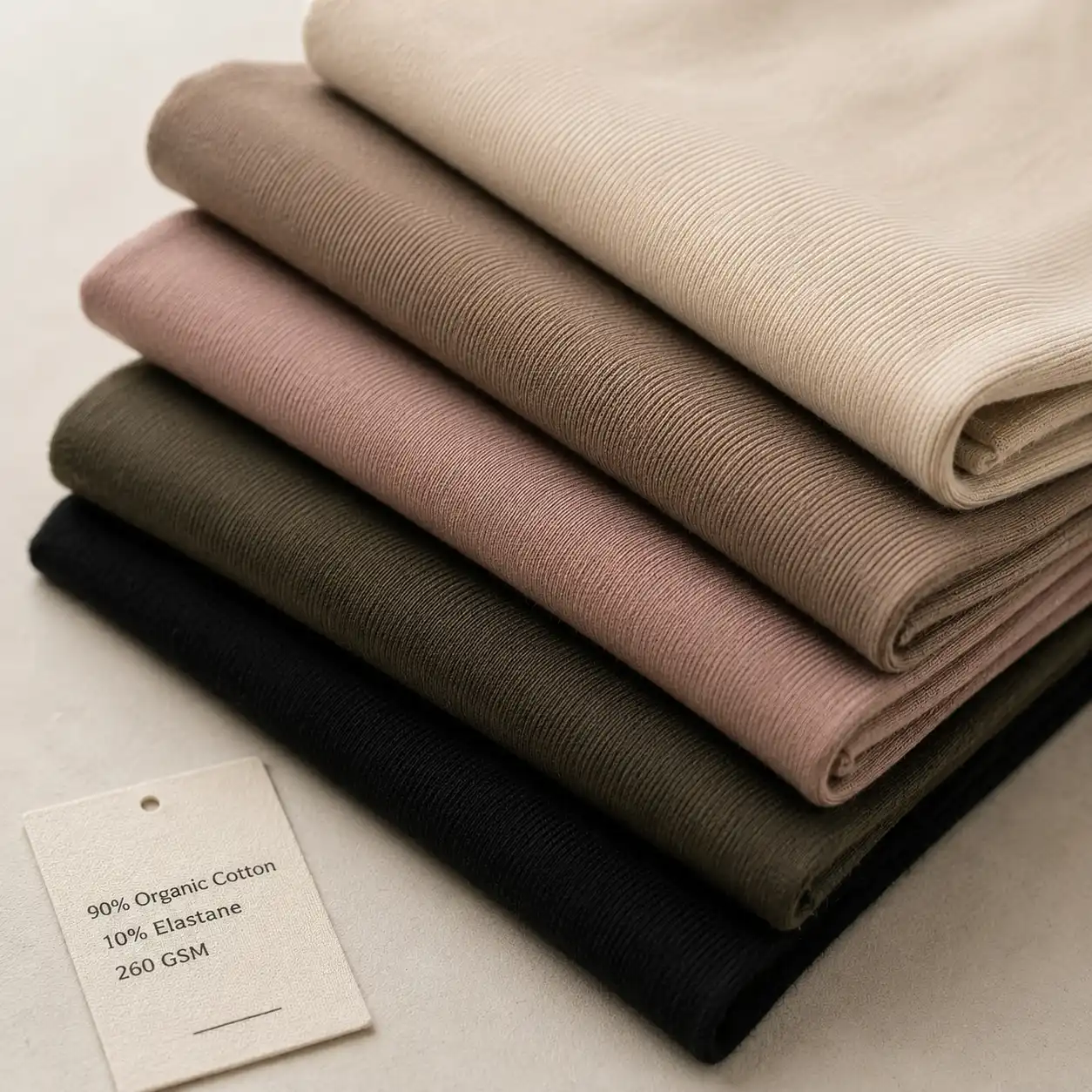 Neutral organic cotton activewear fabrics with 90% cotton, 10% elastane, and 260 GSM specification