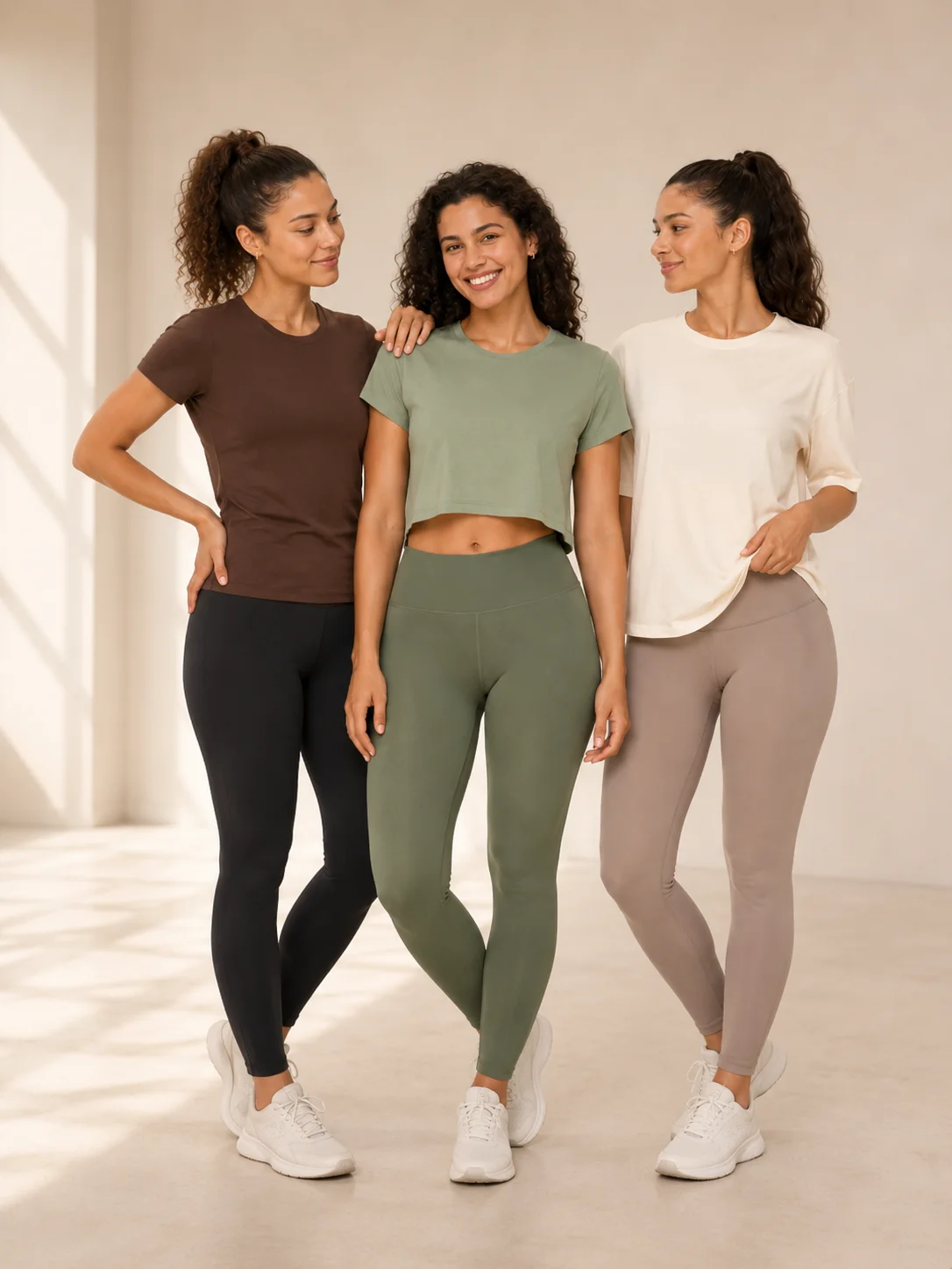 Three women wearing custom private label sports T-shirts