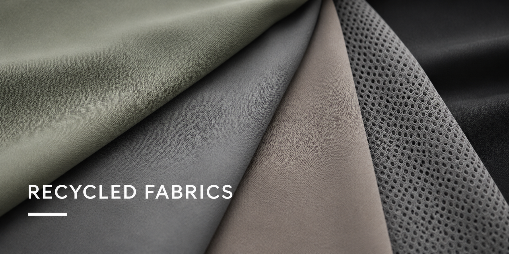Layered sage, gray and charcoal performance fabric swatches representing recycled activewear fabric options
