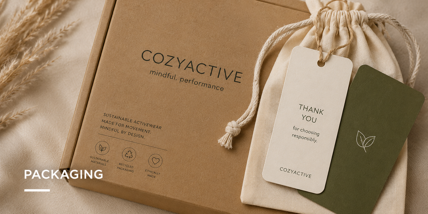 Kraft box, drawstring pouch and hangtags representing responsible packaging options for activewear brands